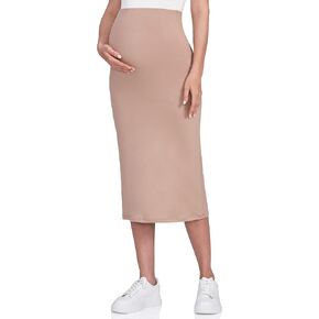 POSHDIVAH Women's Maternity Skirt Over The Belly Midi High Waisted Solid Stretchy Pregnancy Pencil Skirt in Kuwait