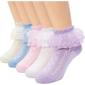 5 Pairs Toddler Baby Girls Ruffle Lace Socks Eyelet Mesh Cotton Frilly Ankle Soft Dress Kids Princess Socks 2-13T in Kuwait