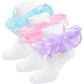 Witwot Girls Ruffle Socks Toddler Double Lace Frilly Pageant Dress Sock Turn Cuff Socks in Saudi Arabia
