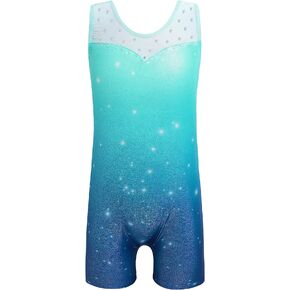 HOZIY Gymnastics Leotards for Girls Gradient Colors Blue White Embroidered Diamond Flame Outfit Sparkle