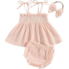 Lucikamy Baby Girl Clothes Newborn Cotton Linen Sleeveless Tie Strap Tank Top + Ruffle Bloomers Shorts Infant Summer Outfits