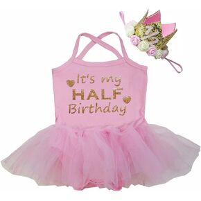 Kirei Sui Baby Half Birthday Tulle Tutu Bodysuit Dress Outfit Romper & 1/2 Gold Crown Headband