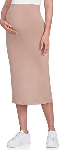 POSHDIVAH Women's Maternity Skirt Over The Belly Midi High Waisted Solid Stretchy Pregnancy Pencil Skirt in Kuwait