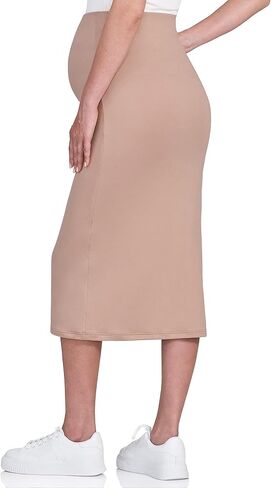 POSHDIVAH Women's Maternity Skirt Over The Belly Midi High Waisted Solid Stretchy Pregnancy Pencil Skirt in Kuwait
