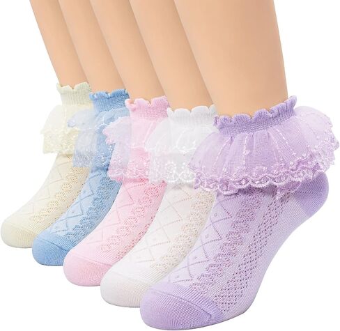 5 Pairs Toddler Baby Girls Ruffle Lace Socks Eyelet Mesh Cotton Frilly Ankle Soft Dress Kids Princess Socks 2-13T in Saudi Arabia