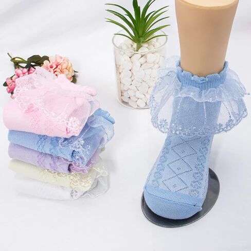5 Pairs Toddler Baby Girls Ruffle Lace Socks Eyelet Mesh Cotton Frilly Ankle Soft Dress Kids Princess Socks 2-13T in Saudi Arabia