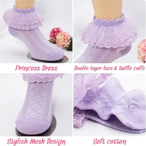 5 Pairs Toddler Baby Girls Ruffle Lace Socks Eyelet Mesh Cotton Frilly Ankle Soft Dress Kids Princess Socks 2-13T in Saudi Arabia
