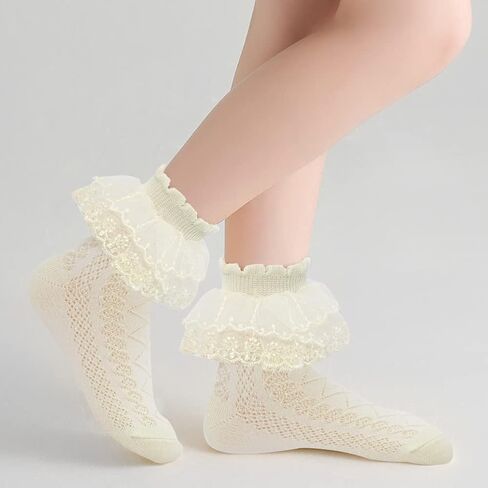 5 Pairs Toddler Baby Girls Ruffle Lace Socks Eyelet Mesh Cotton Frilly Ankle Soft Dress Kids Princess Socks 2-13T in Saudi Arabia