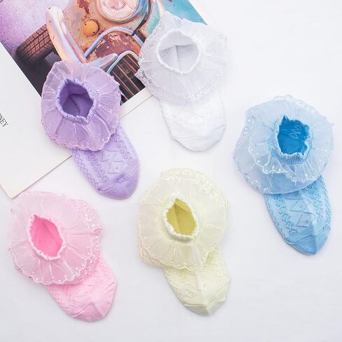 5 Pairs Toddler Baby Girls Ruffle Lace Socks Eyelet Mesh Cotton Frilly Ankle Soft Dress Kids Princess Socks 2-13T in Saudi Arabia