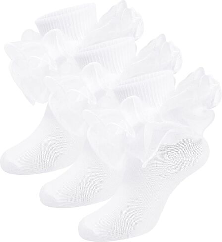 Witwot Girls Ruffle Socks Toddler Double Lace Frilly Pageant Dress Sock Turn Cuff Socks in Kuwait