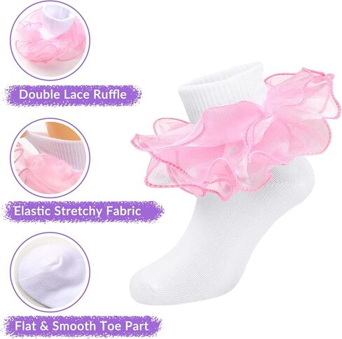 Witwot Girls Ruffle Socks Toddler Double Lace Frilly Pageant Dress Sock Turn Cuff Socks in Kuwait