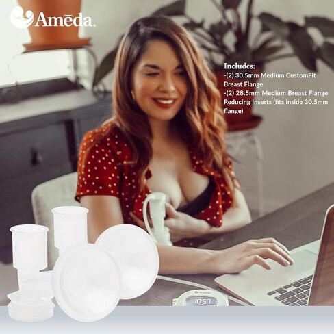 Ameda CustomFit Breast Flanges Medium/Large | includes (2) 30.5mm Breast Pump Flanges & (2) 28.5mm Flange Inserts | Fits HygieniKit and MYA Joy, Mya Joy PLUS & Pearl Breast Pumps | BPA and DEHP Free in Kuwait