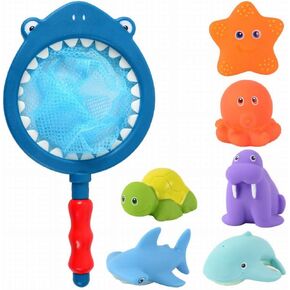 Bath Toy , Fishing Floating Animals Squirts Toys Games Playing Set with Fishing net , Fish Net Game in Bathtub Bathroom Pool for Babies Toddlers and Kids (Blue)