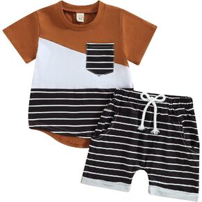 Thorn Tree Toddler Baby Boys Clothes Set Patchwork Short Sleeve T-Shirt Top Drawstring Solid Short Pants Summer Outfits in Saudi Arabia