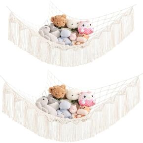 Mkono Stuffed Animal Hammock Corner Macrame Toy Storage Organizer with Lights and Tassels Boho Hanging Stuff Animals Net Large Capability Toys Display Holder for Nursery Kid Room Playroom, 1 piece in Saudi Arabia