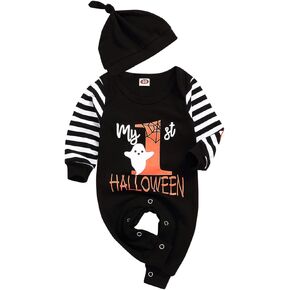 My First Halloween Romper Newborn Baby Boy Stripe Long Sleeve Jumpsuit Hat 2Pcs Halloween Clothes Set