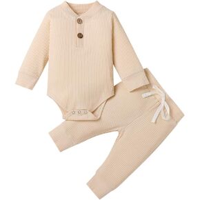 Winter Newborn Baby Boy Girl Clothes Set Ribbed Outfits Unisex Infant Solid Long Sleeve Tops Pants 2PCS in Saudi Arabia