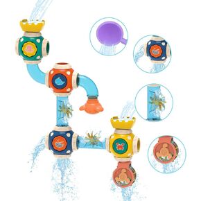 ZWYOIUG Bath Toys, STEM Baby Bathtub Toy with DIY Pipe Tubes, Cubes,Spoon, Lovely Cute Bathroom Time Spray Waterfall Shower Toy, Great Gifts for Toddlers Boys Girls 3 Years and up