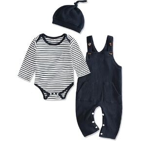 oklady Baby Boy Clothes Stripe Pattern Print Romper Top and Baby Overalls with Hat 0-18 Months Baby Boy Outfits