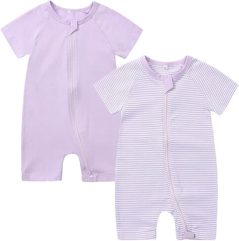 Baby Boy Girl Rompers Infant Short Sleeve Summer Zipper Footless Clothes | 2 pack soft cotton romper, breathable, solid outfits, one piece jumpsuits, 2 way zipper, unisex in Saudi Arabia