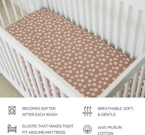 Taupe Checkered Muslin Crib Sheet by Mebie Baby, Soft and Breathable Bed Sheets for Babies, Modern Neutral Bedding for Cribs, Standard Crib Mattress Fitted Sheet, Great for Boy or Girl Room or Nursery in Saudi Arabia