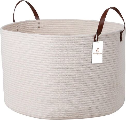 Extra Large Nursery Storage Basket, 22 x 22 x 14 inches - 100% Cotton Rope Baskets with Handles, Laundry Basket for Toys, Blankets & Pillows - Off White with Leather Handles in Saudi Arabia