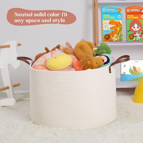 Extra Large Nursery Storage Basket, 22 x 22 x 14 inches - 100% Cotton Rope Baskets with Handles, Laundry Basket for Toys, Blankets & Pillows - Off White with Leather Handles in Saudi Arabia