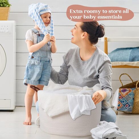 Extra Large Nursery Storage Basket, 22 x 22 x 14 inches - 100% Cotton Rope Baskets with Handles, Laundry Basket for Toys, Blankets & Pillows - Off White with Leather Handles in Saudi Arabia
