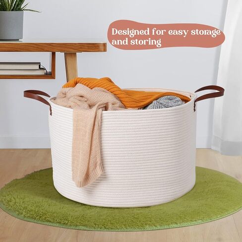 Extra Large Nursery Storage Basket, 22 x 22 x 14 inches - 100% Cotton Rope Baskets with Handles, Laundry Basket for Toys, Blankets & Pillows - Off White with Leather Handles in Saudi Arabia