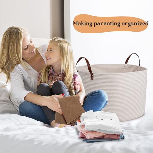 Extra Large Nursery Storage Basket, 22 x 22 x 14 inches - 100% Cotton Rope Baskets with Handles, Laundry Basket for Toys, Blankets & Pillows - Off White with Leather Handles in Saudi Arabia