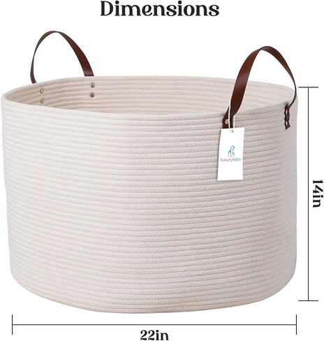Extra Large Nursery Storage Basket, 22 x 22 x 14 inches - 100% Cotton Rope Baskets with Handles, Laundry Basket for Toys, Blankets & Pillows - Off White with Leather Handles in Saudi Arabia