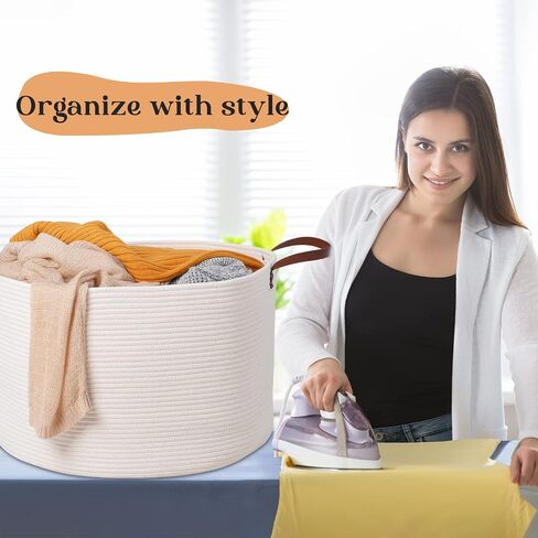 Extra Large Nursery Storage Basket, 22 x 22 x 14 inches - 100% Cotton Rope Baskets with Handles, Laundry Basket for Toys, Blankets & Pillows - Off White with Leather Handles in Saudi Arabia