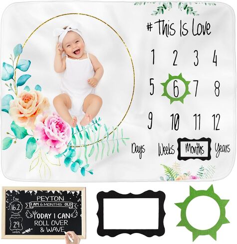 ASOUNY Baby Monthly Milestone Blanket - Soft Baby Milestone for Boy Girl, Thick Baby Month Blanket with Writing Board and 2 Felt Frames, Personalized Growth Blanket for Newborn Picture 47"X39" in Saudi Arabia