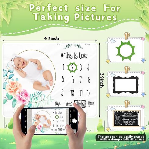 ASOUNY Baby Monthly Milestone Blanket - Soft Baby Milestone for Boy Girl, Thick Baby Month Blanket with Writing Board and 2 Felt Frames, Personalized Growth Blanket for Newborn Picture 47"X39" in Saudi Arabia