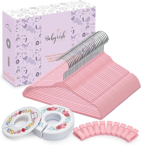 Velvet Baby Hangers with 10x Clips and 8X Dividers (30 Pack) | 11" Ultra-Slim Baby Clothes Hangers | Non-Slip Felt | Space-Saving Nursery & Infant Closet Organizer | Pink in Saudi Arabia