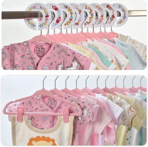 Velvet Baby Hangers with 10x Clips and 8X Dividers (30 Pack) | 11" Ultra-Slim Baby Clothes Hangers | Non-Slip Felt | Space-Saving Nursery & Infant Closet Organizer | Pink in Saudi Arabia