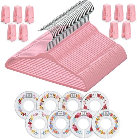 Velvet Baby Hangers with 10x Clips and 8X Dividers (30 Pack) | 11" Ultra-Slim Baby Clothes Hangers | Non-Slip Felt | Space-Saving Nursery & Infant Closet Organizer | Pink in Saudi Arabia