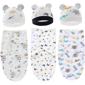 Baby Swaddle Sleep Sack with Hat Set for 0-3 Months Soft Cotton Newborn Wearable Swaddle Wrap for Girls Boys(Giraffe & Universe & Dinosaur)