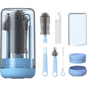 Baby Bottle Brush, Travel Bottle Cleaner Kit with Extendable Silicone Bottle Brush, Nipple Cleaner Brush, Straw Brush, Soap Dispenser, Dust Cap and Stand, Pink
