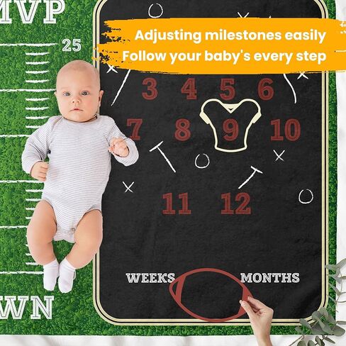 Pavo Premium Football Milestone Blanket for Baby Boys - Includes 3 Exclusive Frames - Personalized Monthly Baby Milestone Blanket for Newborn Ultra-Soft and Cozy 60"x40" Keepsake in Kuwait