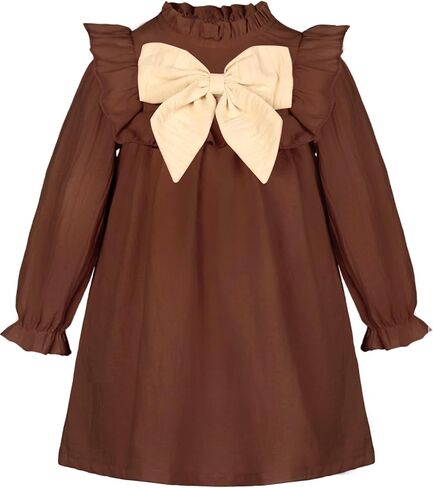 فستان Dearnow للفتيات الصغيرات في الخريف من القطن بأكمام طويلة وعقدة على شكل فيونكة فساتين كاجوال للأطفال in Kuwait