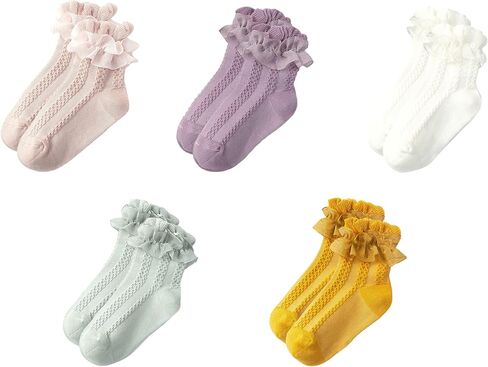 Gwenvenni Toddler Girls Double Ruffle Lace Trim Cotton Socks Frilly Dress Socks 5-Pack in Kuwait