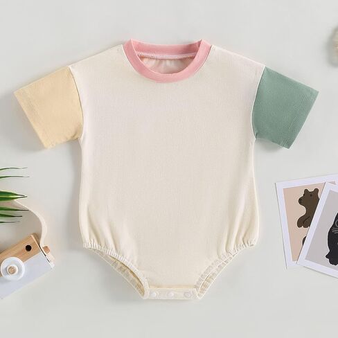 WALLARENEAR Bubble Romper Newborn Boy Girl Solid Color/Color Block Bodysuit Short Sleeve Sweatshirt Onesie Summer Clothes in Saudi Arabia