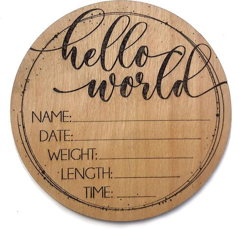 Hello World Birth Announcement Sign - Wooden Plaque for Baby Name and Birth Details - Celestial Newborn Gift Round in Saudi Arabia
