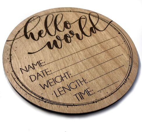 Hello World Birth Announcement Sign - Wooden Plaque for Baby Name and Birth Details - Celestial Newborn Gift Round in Saudi Arabia