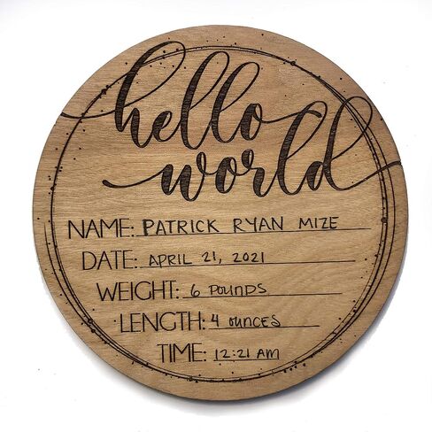 Hello World Birth Announcement Sign - Wooden Plaque for Baby Name and Birth Details - Celestial Newborn Gift Round in Saudi Arabia