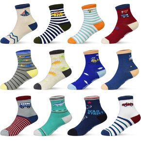SkiBeaut Toddler Socks 12 Pairs Non Slip Skid Socks For Kids Boys Grips Cotton Crew Socks For 1-3/3-5/5-7 Years Old