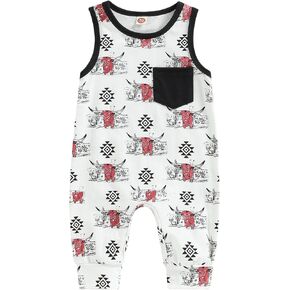 Karuedoo Western Baby Boy Girl Clothes Cow Print Sleeveless Romper Jumpsuit One Piece Bodysuit Outfit Boho Summer Clothes