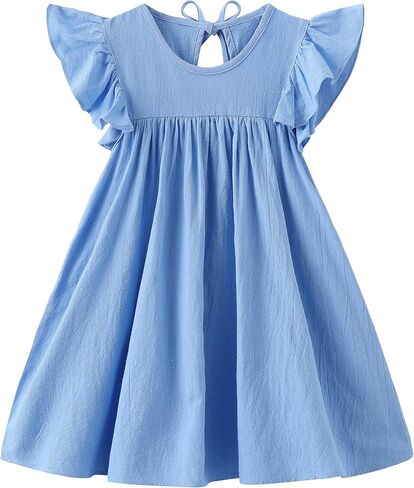 Toddler Girls Ruffle Sleeve Cotton Linen Dress Sleeveless Baby Girl Back Tie Dress Kid Casual Sundress in Saudi Arabia