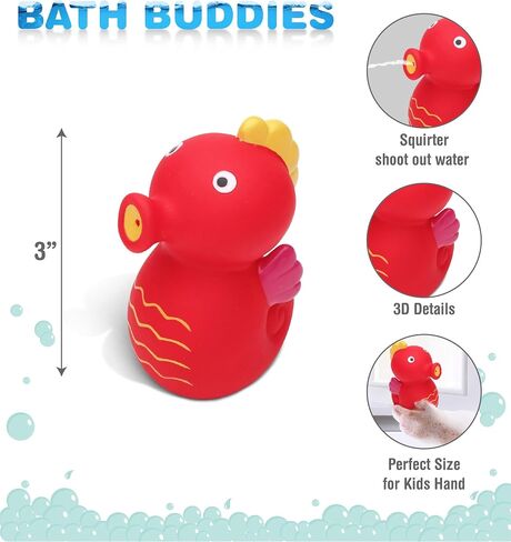 DolliBu Seahorse Bath Buddy Squirter - لعبة حمام مطاطية عائمة على شكل فرس البحر الأحمر، لعبة ممتعة لرش الماء في وقت الاستحمام للأطفال الصغار، لعبة حيوانات لطيفة للحياة البحرية لحوض الاستحمام والشاطئ وحمام السباحة للفتيات والفتيان in Saudi Arabia